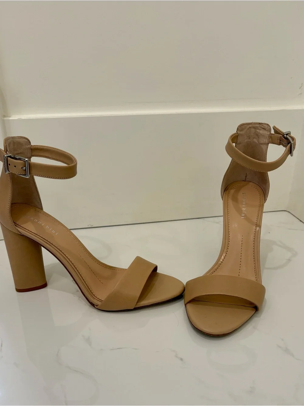 Gianni Bini Nude/Tan Ankle Strap Block Heels